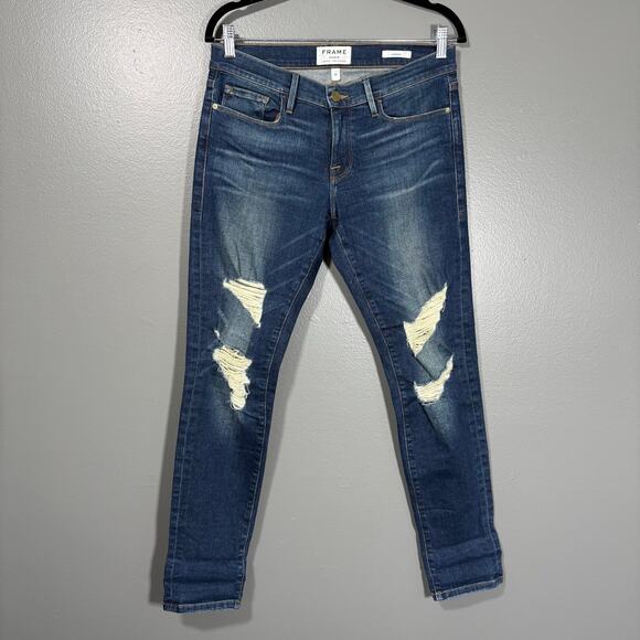 Frame Denim Le Garcon Dark Wash Distressed Boyfriend Jeans - Size 25 - Mid Rise - Picture 1 of 10